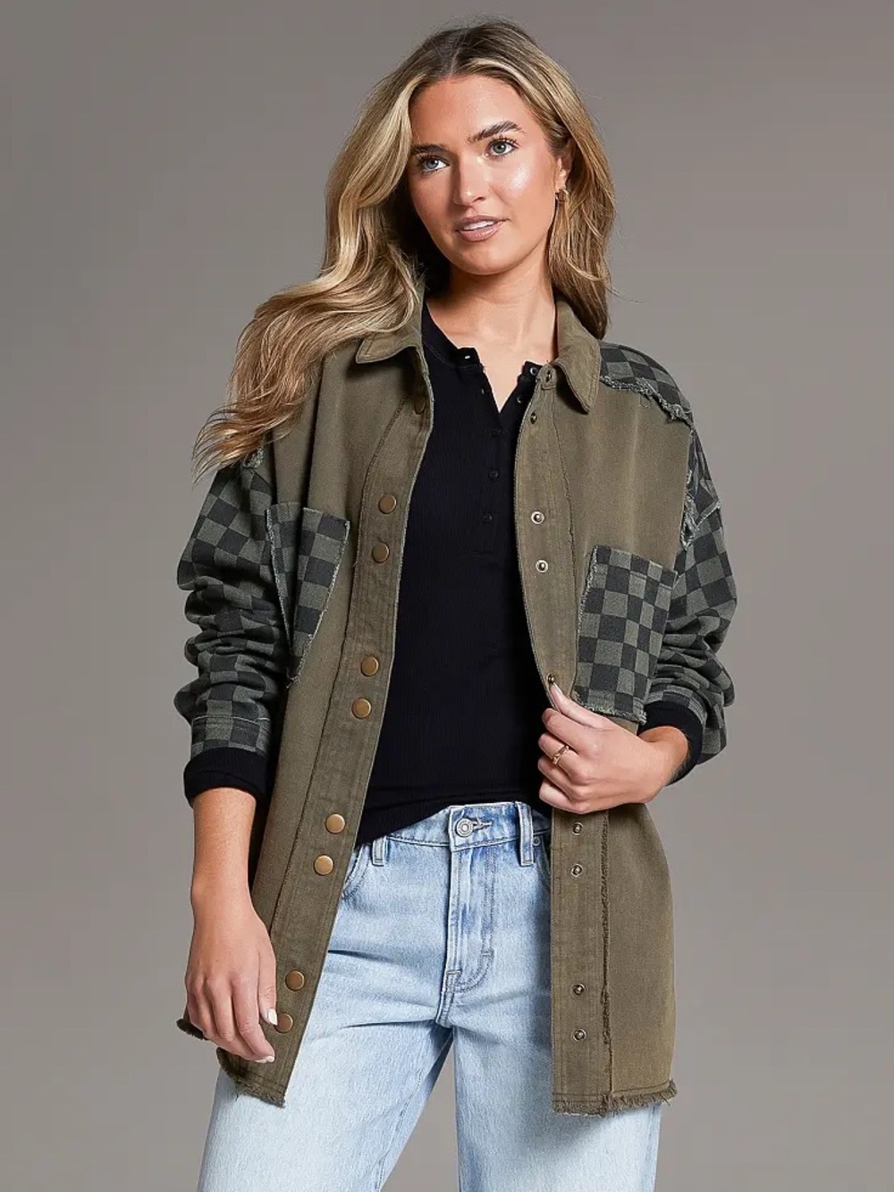 BKE Raw Edge Checker Shacket